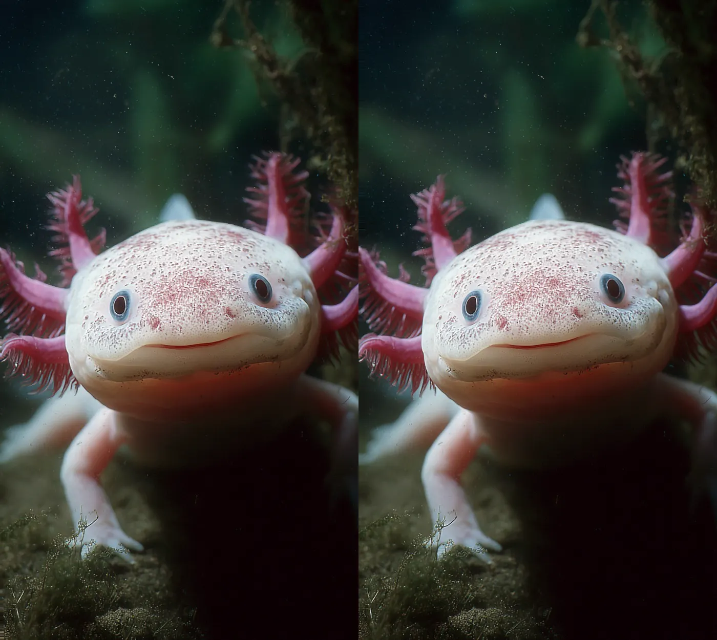 A side-by-side 3D photo of an axolotl, one view for each eye